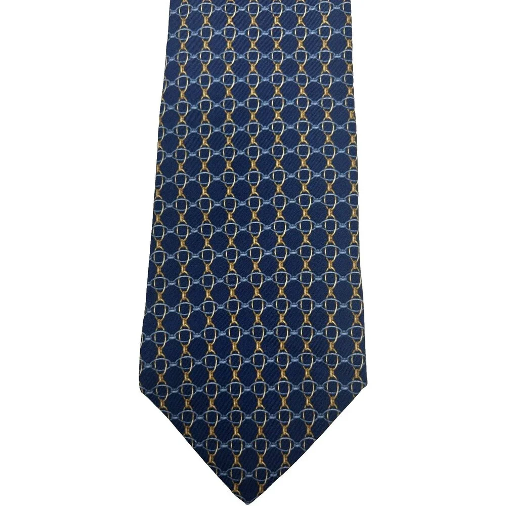 Brooks Brothers Makers Silk Tie Navy Blue Gold Horsebit Equestrian 57.25” x 3.75